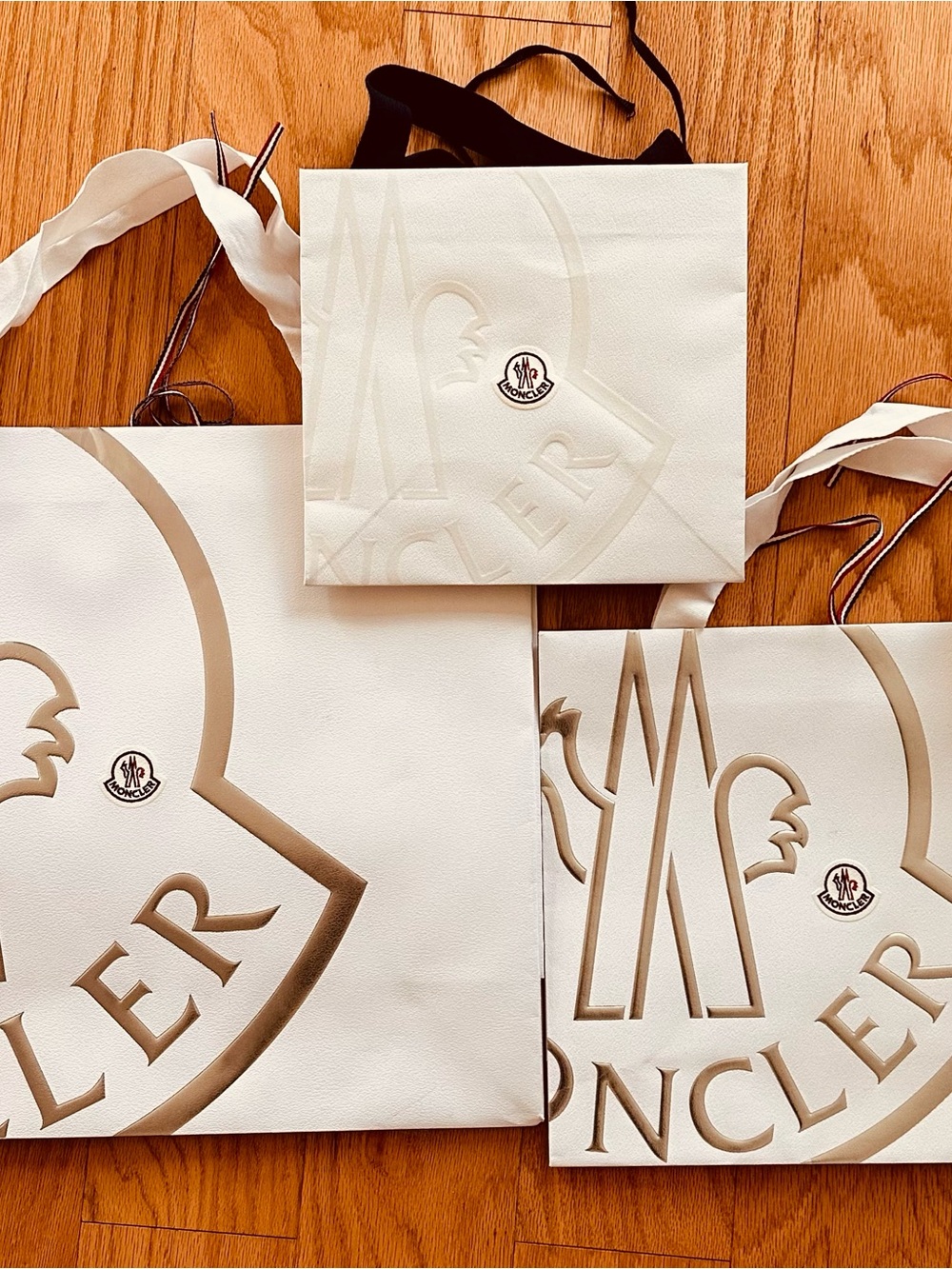 Moncler Cream & Gold Logo Shopping Bags Trio